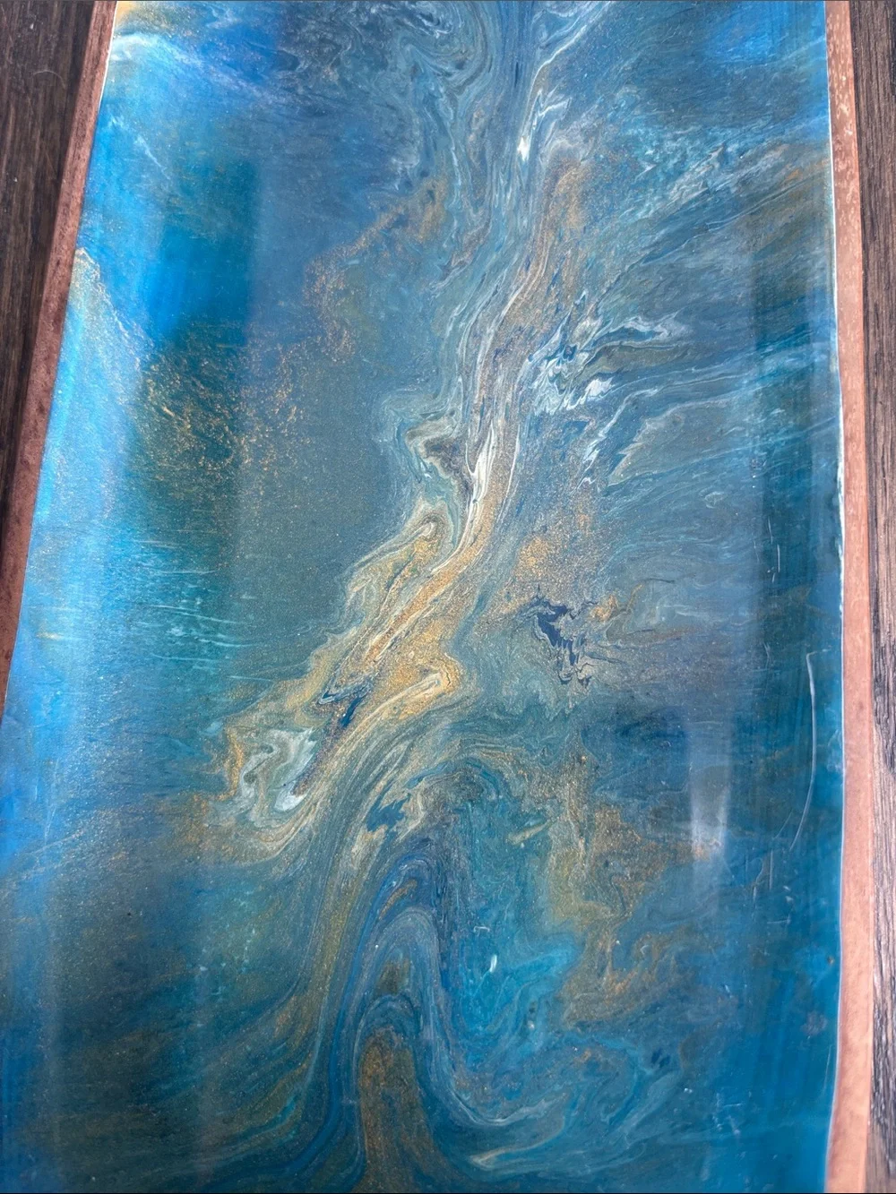 Henbitart handmade wood tray w/ blue luster finish, swirls, 12x5”